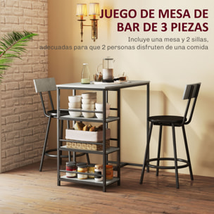 Conjunto de Mesa Alta de Bar con 2 Taburetes Mesa Alta de Cocina con Taburetes Estantes Laterales Asiento Acolchado y Barra para Descanso de Pies para Comedor Gris Oscuro