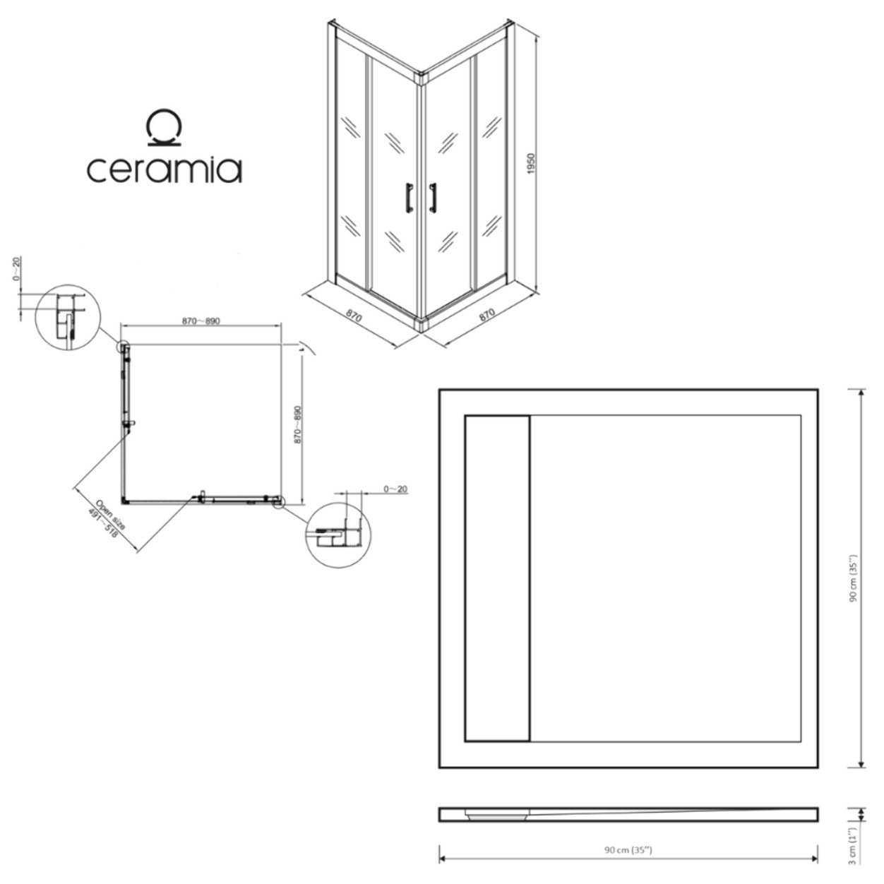 Porte coulissante 90x90 + receveur blanc avec siphon (HCB-ALD15B-9090)