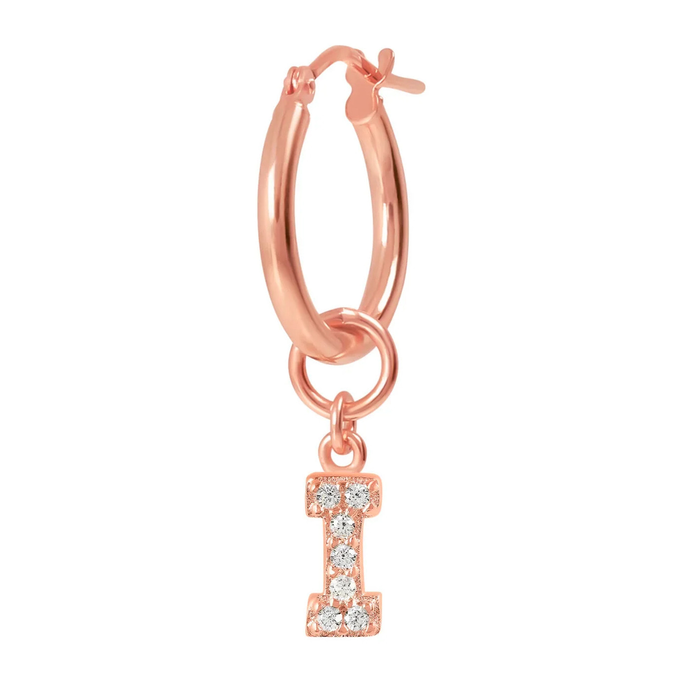 Orecchino a Cerchio con Ciondolo Lettera I in Pavé di Cubic Zirconia Rosa