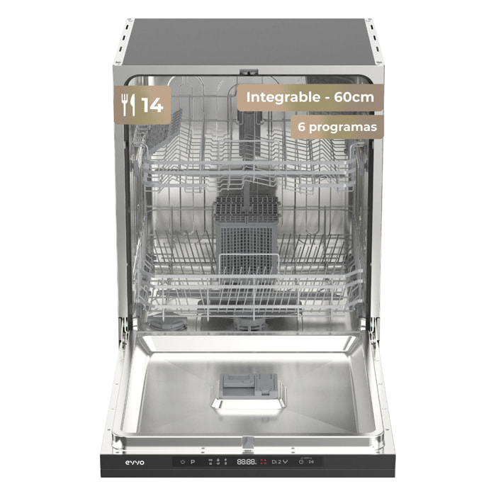 Lavavajillas Integrable EVVO Di.2Y 60cm 14 Cubiertos, 6 Programas + Display, Panel Táctil, Auto Open