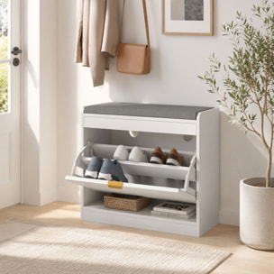 Banc à chaussures design porte motif chevrons étagère dim. 60 x 26 x 52cm coussin gris blanc