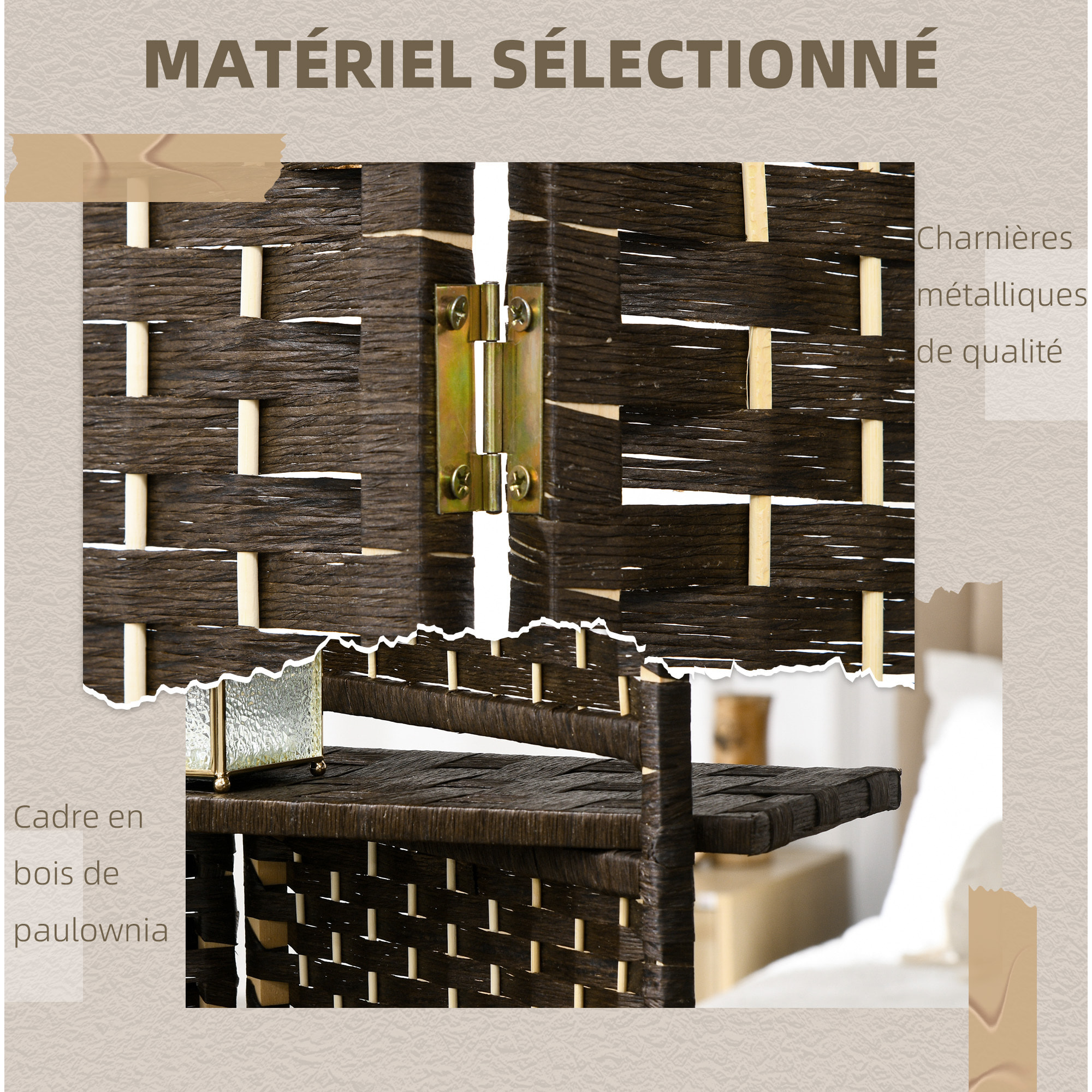 Paravent séparateur de pièce 4 panneaux pliables dim. 160L x 170H cm - 2 étagères - bois fibre papier brun