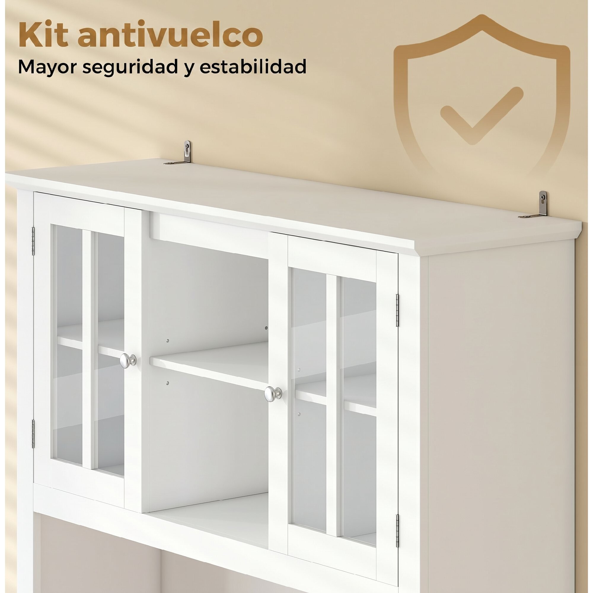 Alacena de Cocina con Iluminación LED Control por APP, Armario Cocina Alta con Encimera para Microondas, Botellero, Puertas de Vidrio, Estantes Abiertos, 3 Cajones, Estantes Ajustables, Blanco