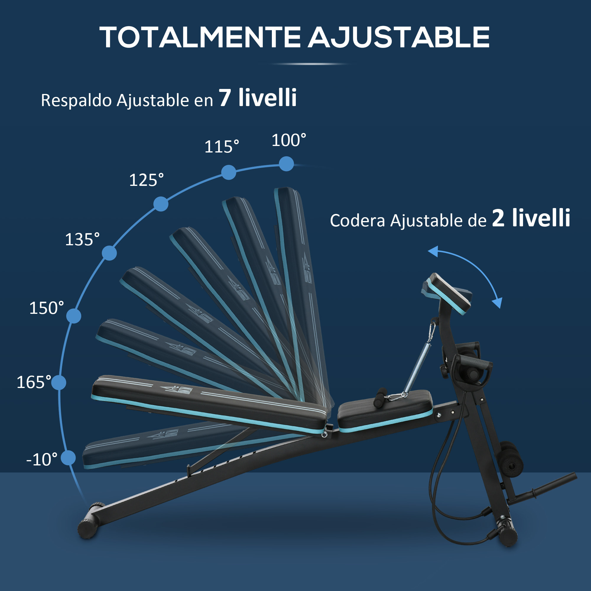 Banco de Musculación Plegable, Banco de Pesas, Respaldo Inclinable de 7 Niveles, Extensión de Pierna, Cojín de Predicador, Banda de Resistencia, para Entrenamiento Completo, Casa Gimnasio, Azul