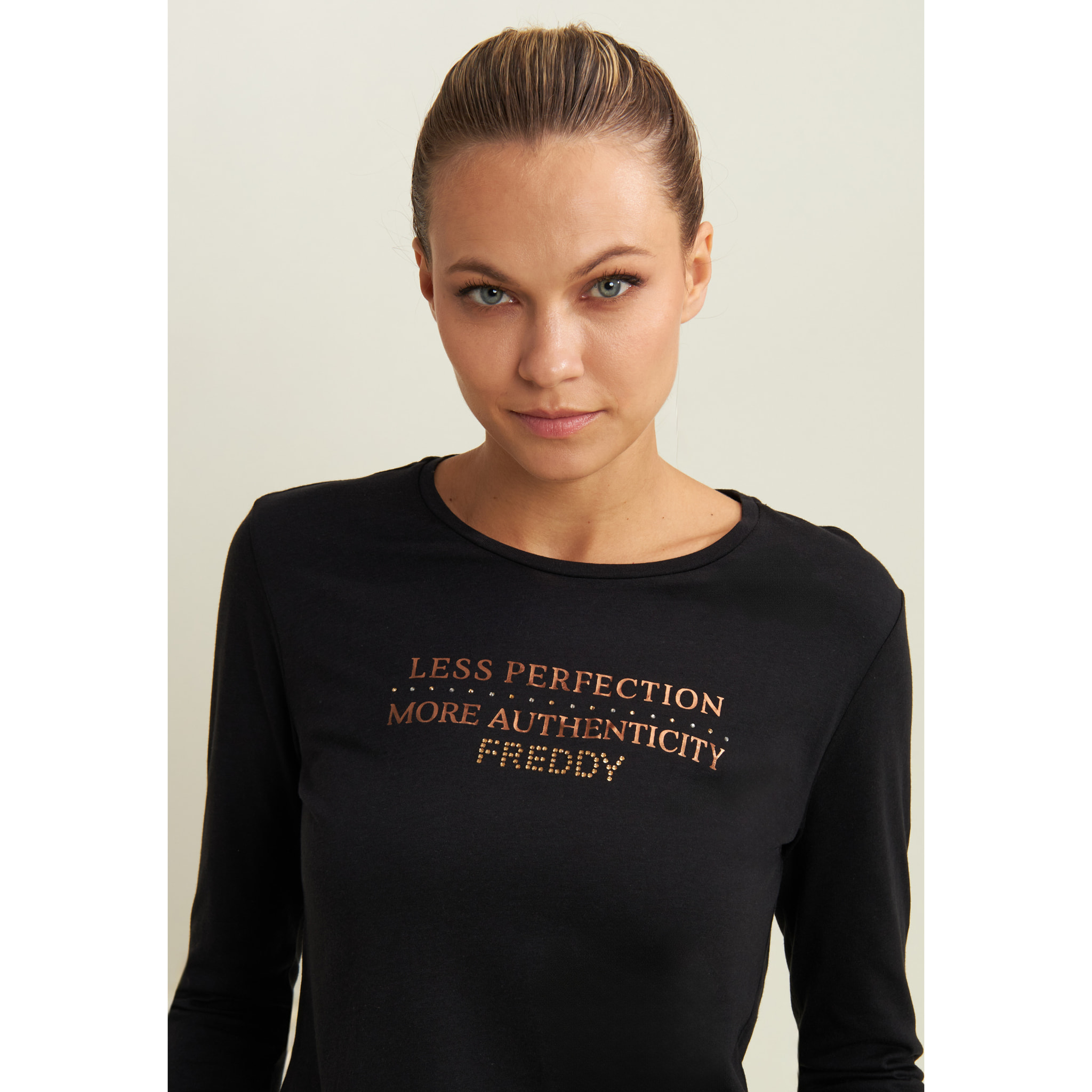 T-shirt donna manica lunga con grafica metallizzata