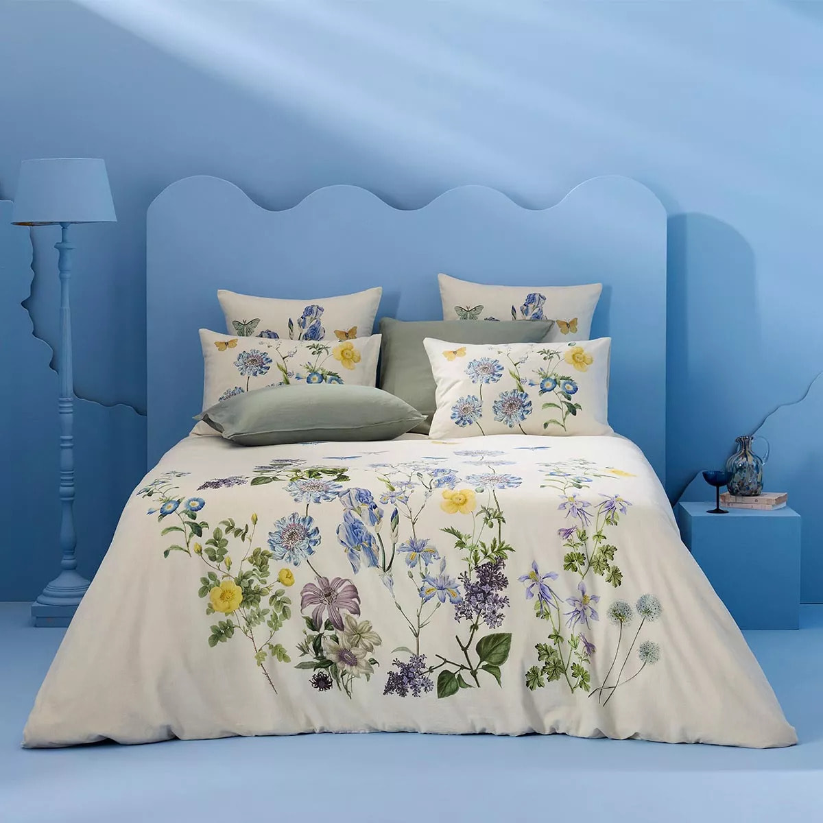 Housse de couette lin & coton lavé 130 g/m² imprimé bleu jaune Iris d'ete naturel