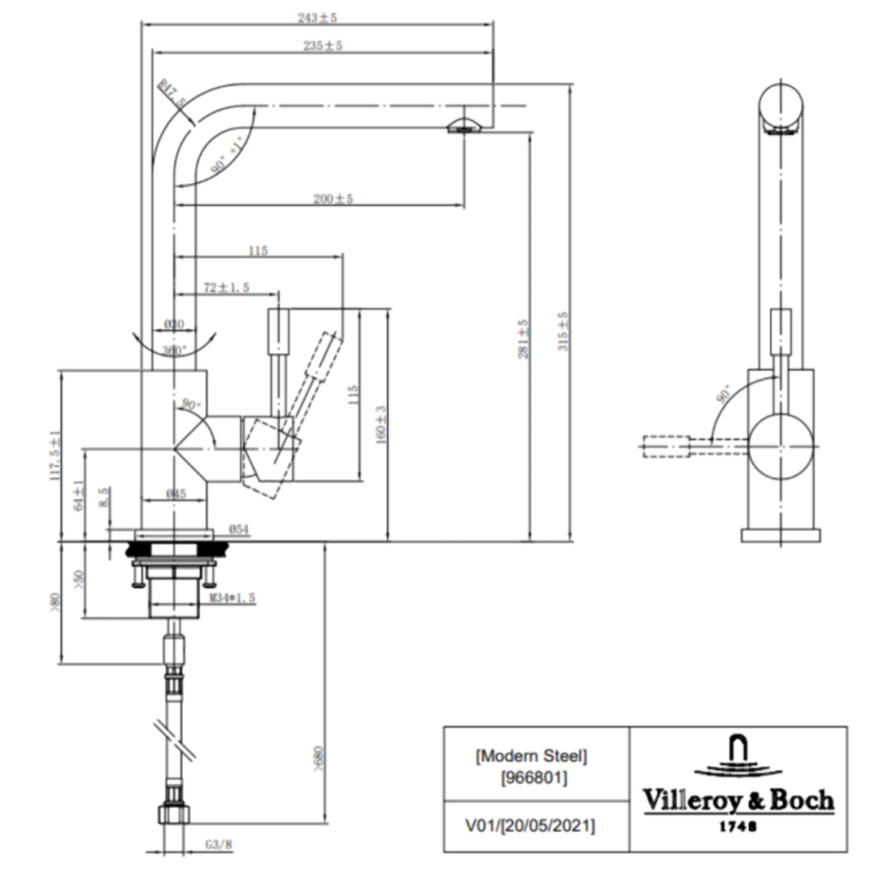 Evier Subway Pure 60 1 bac et demi égouttoir à droite vidage auto + Robinet Modern Steel Acier Massif Poli