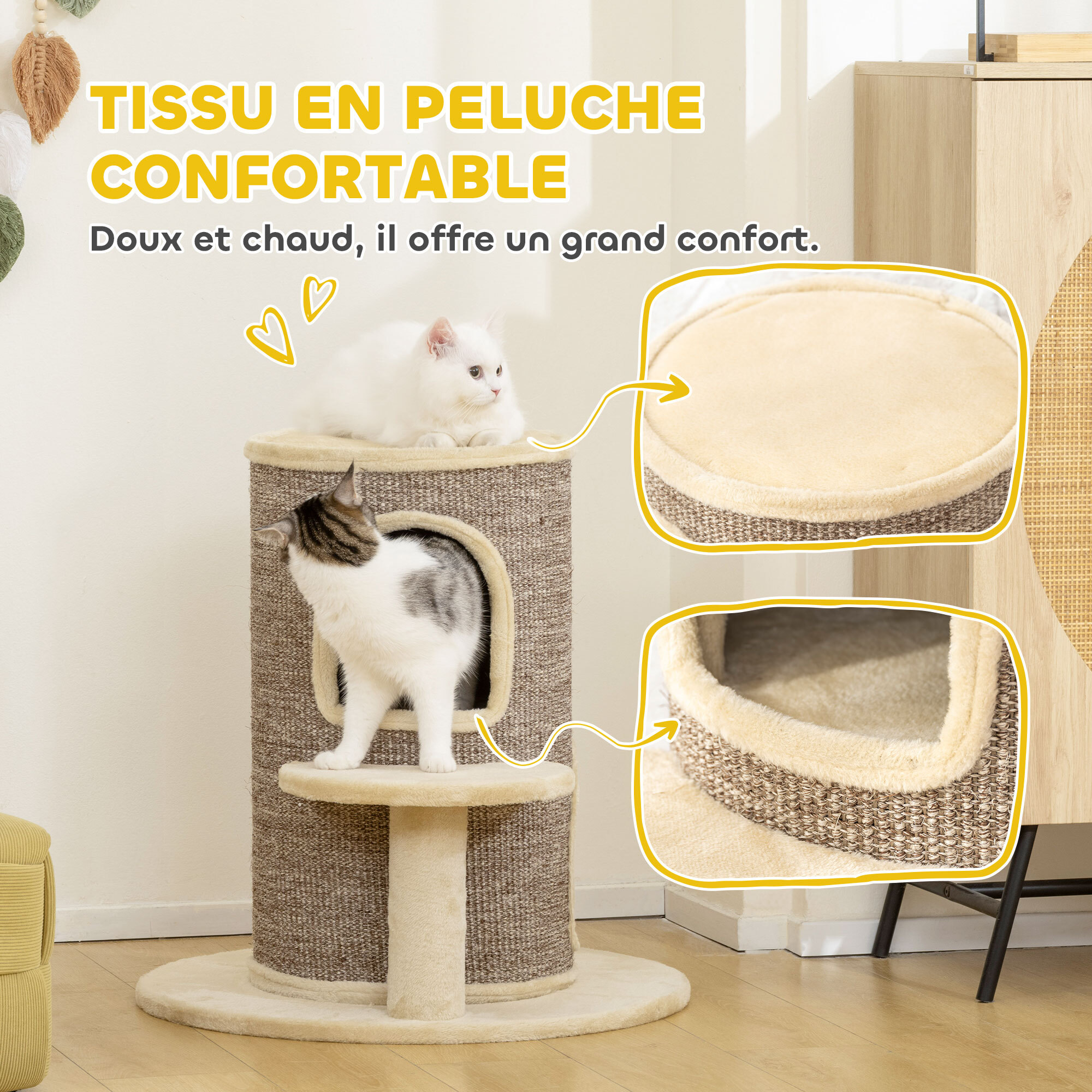 Arbre à chat cylindrique - tour à griffer pour chat H.61cm - tonneau griffoir - 2 niveaux + plateforme - sisal peluche beige