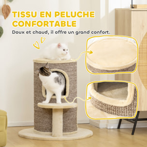 Arbre à chat cylindrique - tour à griffer pour chat H.61cm - tonneau griffoir - 2 niveaux + plateforme - sisal peluche beige
