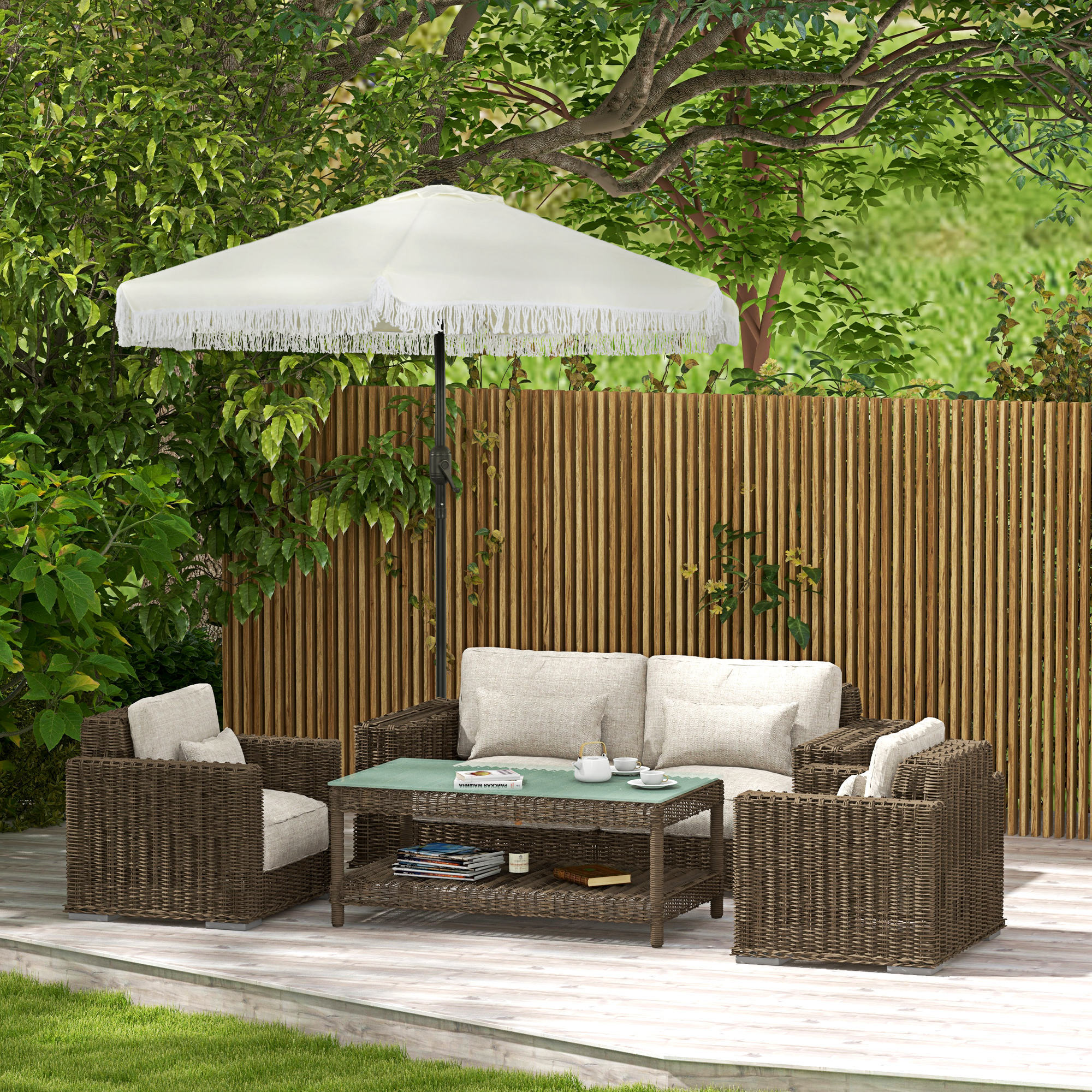 Parasol inclinable de jardin Ø 225 cm style bohème à franges crème