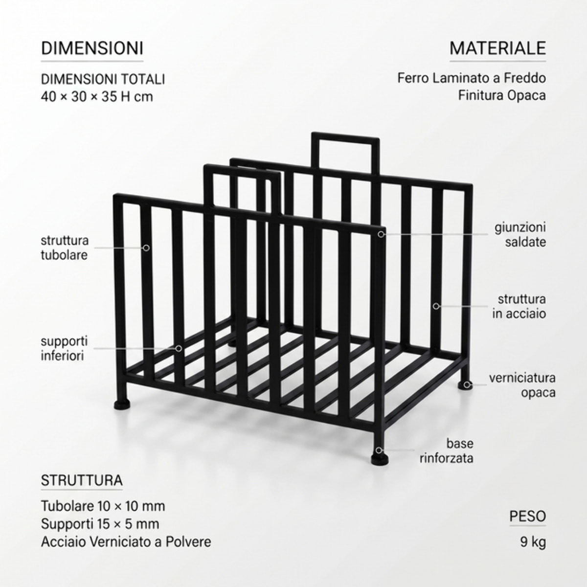 Portalegna in acciaio Dongara 40 cm, supporto legna compatto e moderno nero opaco, organizer per camino e stufa resistente e stabile, design minimal salvaspazio per interno ed esterno coperto