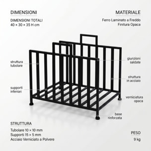 Portalegna in acciaio Dongara 40 cm, supporto legna compatto e moderno nero opaco, organizer per camino e stufa resistente e stabile, design minimal salvaspazio per interno ed esterno coperto