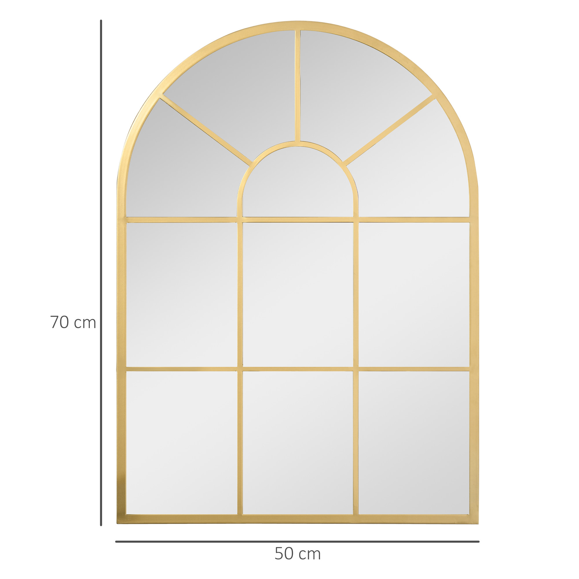 Miroir mural style art déco forme voûtée dim. 50L x 70H cm métal doré verre