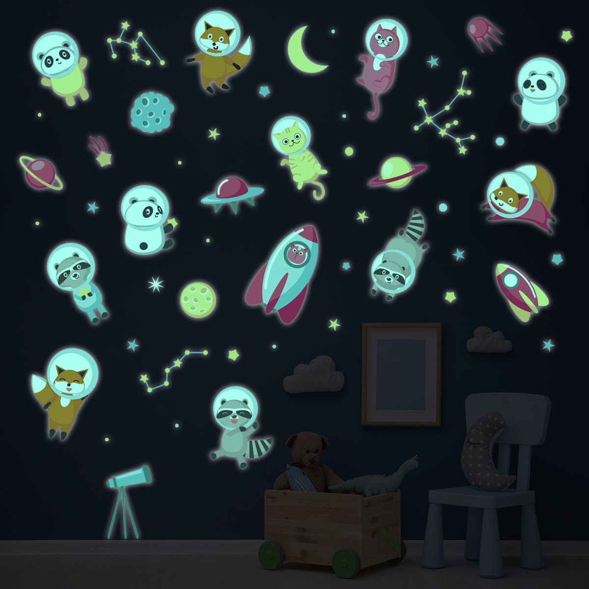 Sticker phosphorescent lumineux - ANIMAUX ASTRONAUTES DANS L'ESPACE