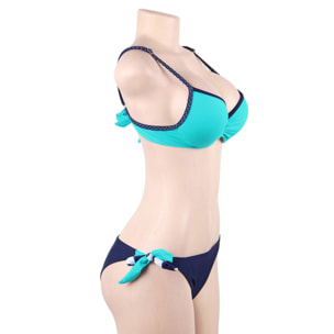 Conjunto de bikini 3 piezas azul a rallas con anillo de acero