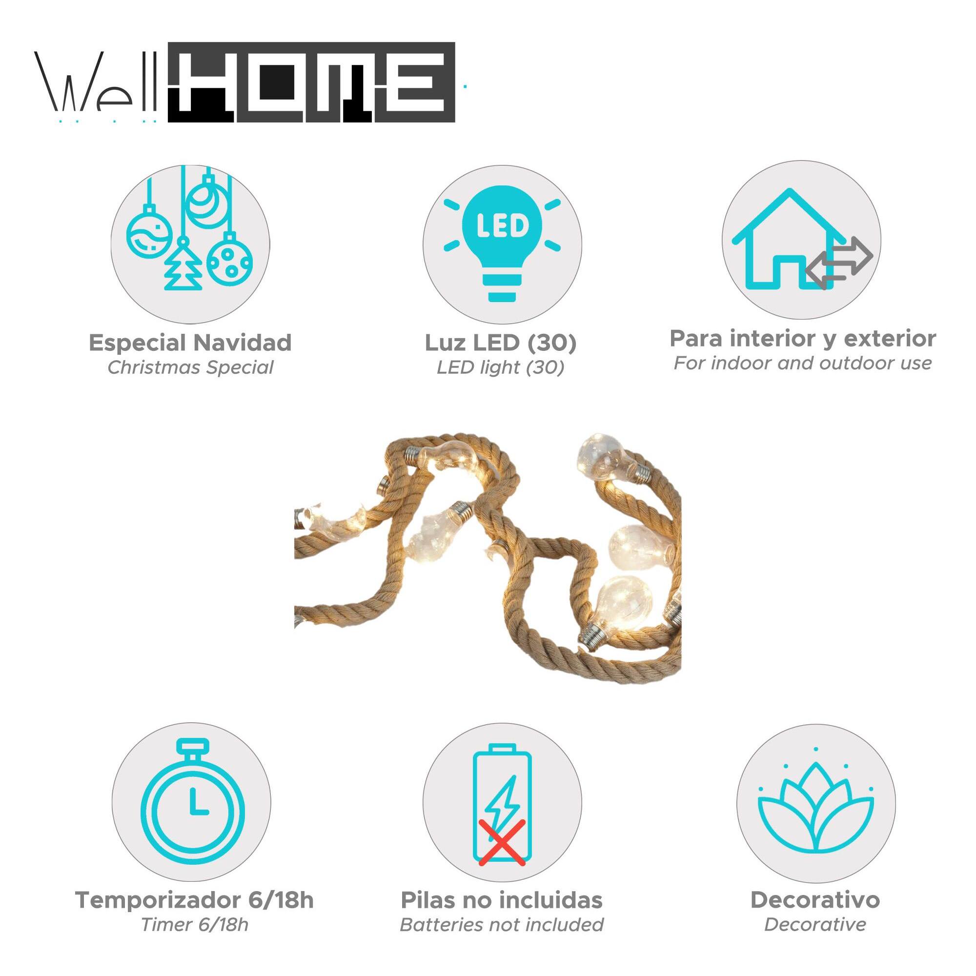 guirnalda en cuerda de yute con 30 luces led de luz calida