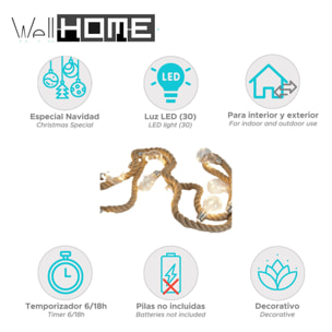 guirnalda en cuerda de yute con 30 luces led de luz calida