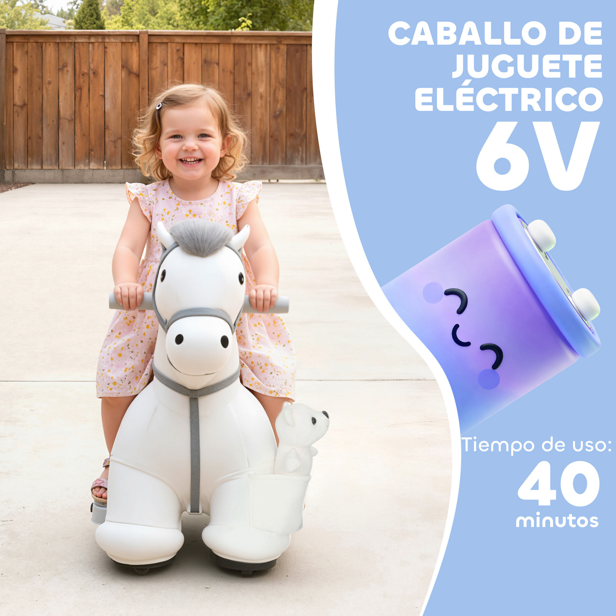 Caballito Eléctrico con Música, Batería 6V, Caballo de Juguete Eléctrico, Tacto Suave, Ruedas Silenciosas de PU, Marcha Adelante, Regalo para Niños y Niñas de 1,5 a 5 Años, Blanco