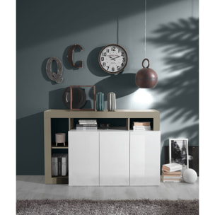 Credenza moderna a 3 ante a vani aperti, Made in Italy, Madia da cucina, Buffet di design da soggiorno, cm 146x42h93, colore Bianco lucido e Pero