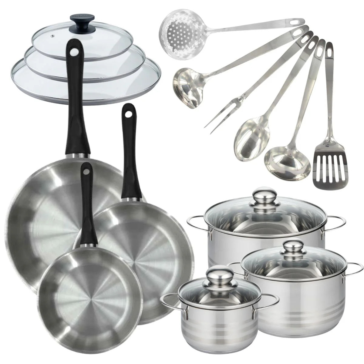 Set de 3 poêles 20, 24, 28 cm inox, couvercles verre, 3 faitouts inox 16, 20 et 24 cm et 6 ustensiles inox Fackelmann Geneva
