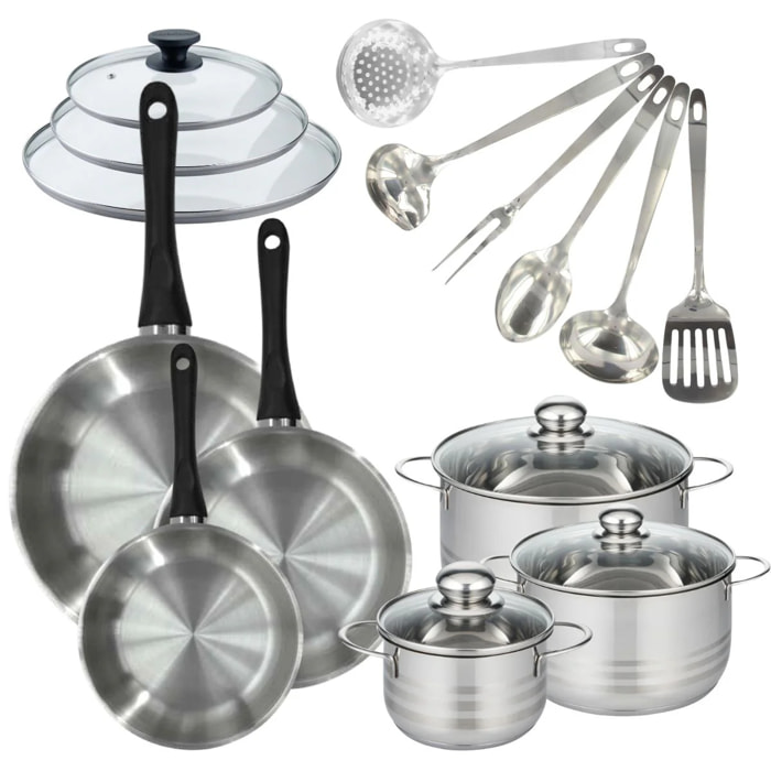 Set de 3 poêles 20, 24, 28 cm inox, couvercles verre, 3 faitouts inox 16, 20 et 24 cm et 6 ustensiles inox Fackelmann Geneva