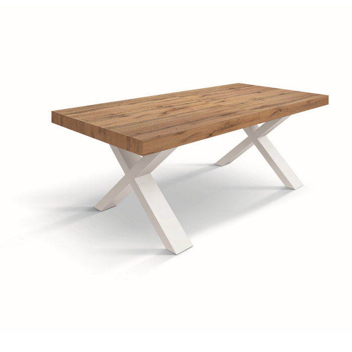 Tavolo allungabile AMALFI in legno effetto rovere rustico e gambe a X bianche, allungabile 160x90 cm - 240x90 cm