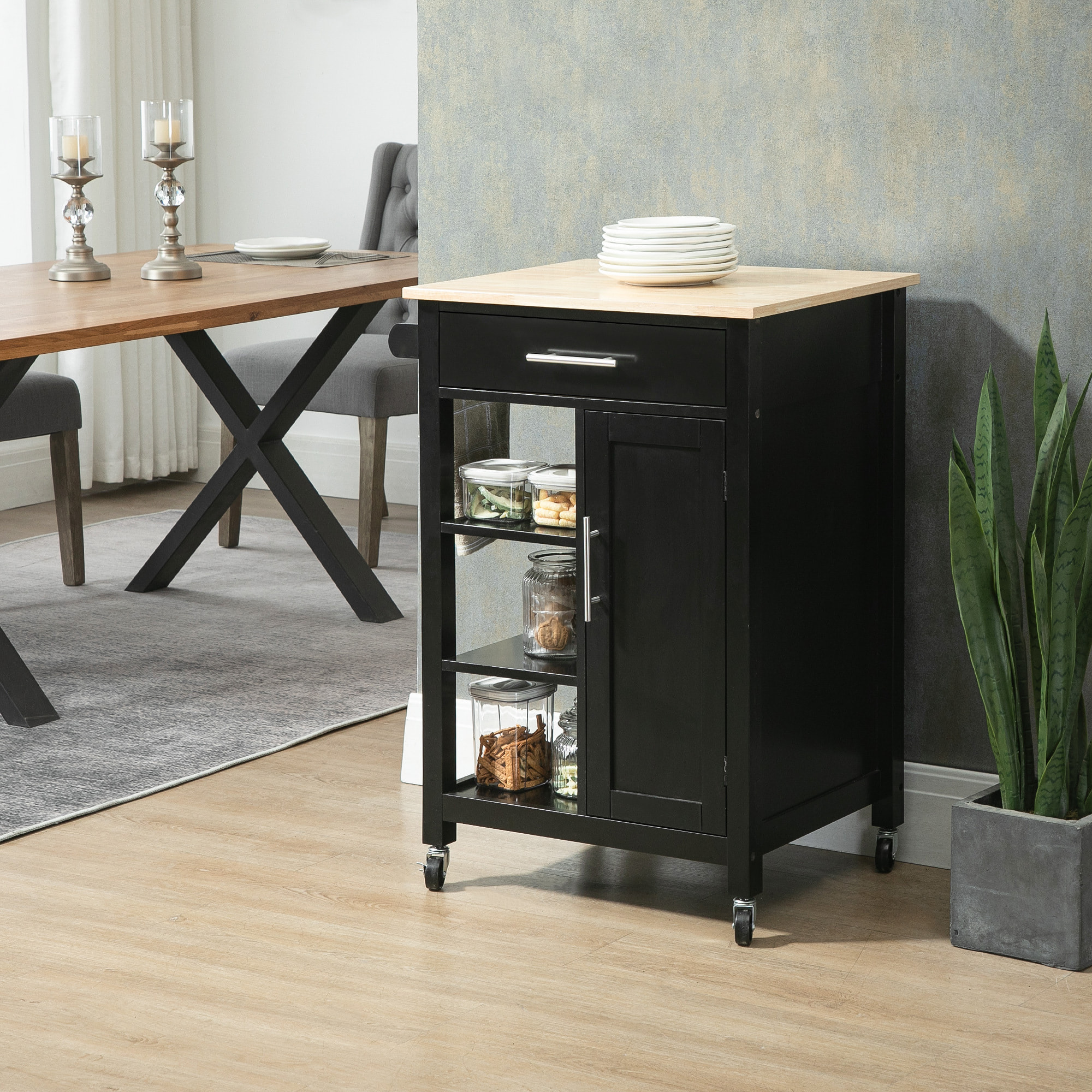 Desserte de cuisine style contemporain - porte, tiroir, 3 étagères - poignées métal MDF noir plateau bois hévéa