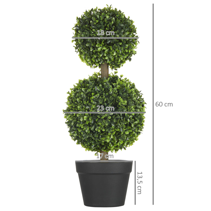 Lot de 2 arbres buis artificiel double boules avec tronc et pot inclus - H.60 cm PE vert