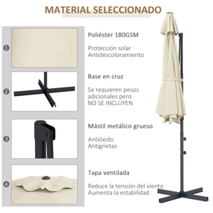 Sombrilla de Jardín Ø294x242 cm Parasol de Terraza con Altura Ajustable Poste Giratorio 360° Ángulo de Techo Ajustable y Ventilación Superior para Patio Piscina Crema