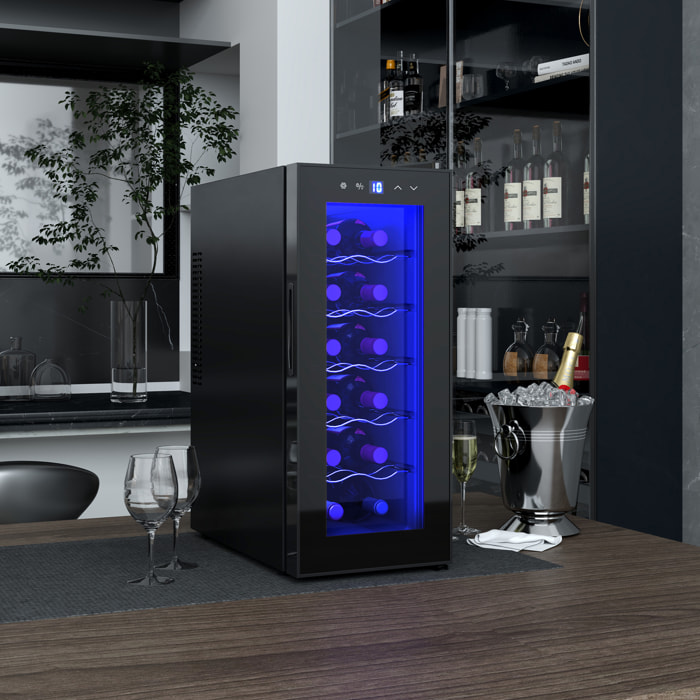 Vinoteca 12 Botellas, Nevera para Vinos con Doble Refrigeración Termoeléctrica, Temperatura Ajustable 8-18℃, Puerta de Vidrio, Anti-UV, Pantalla LED, Luz Interior, Negro