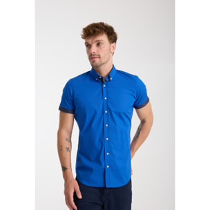 camicia uomo slim 1 bottone button down doppio collo Popeline Stretch Unito Bluette
