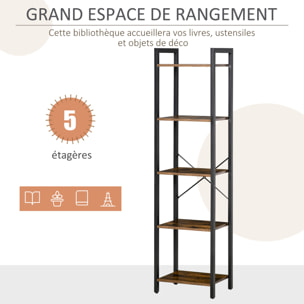 Étagère bibliothèque style industriel H154 cm 5 étagères acier noir panneaux particules aspect bois vieilli