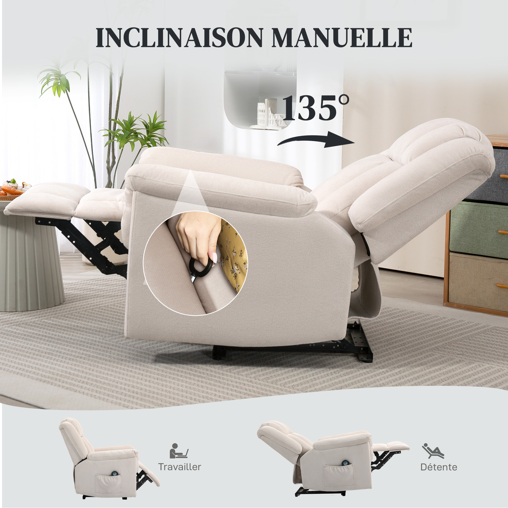 Fauteuil massant chauffant inclinable repose-pieds intégré poche rangement tissu velours chenille beige