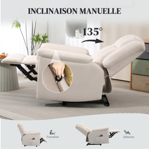 Fauteuil massant chauffant inclinable repose-pieds intégré poche rangement tissu velours chenille beige