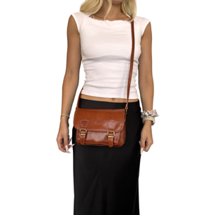 Borsa a Tracolla in Pelle da Donna, Tracolla Vintage con Doppia Fibbia e Chiusura Magnetica
