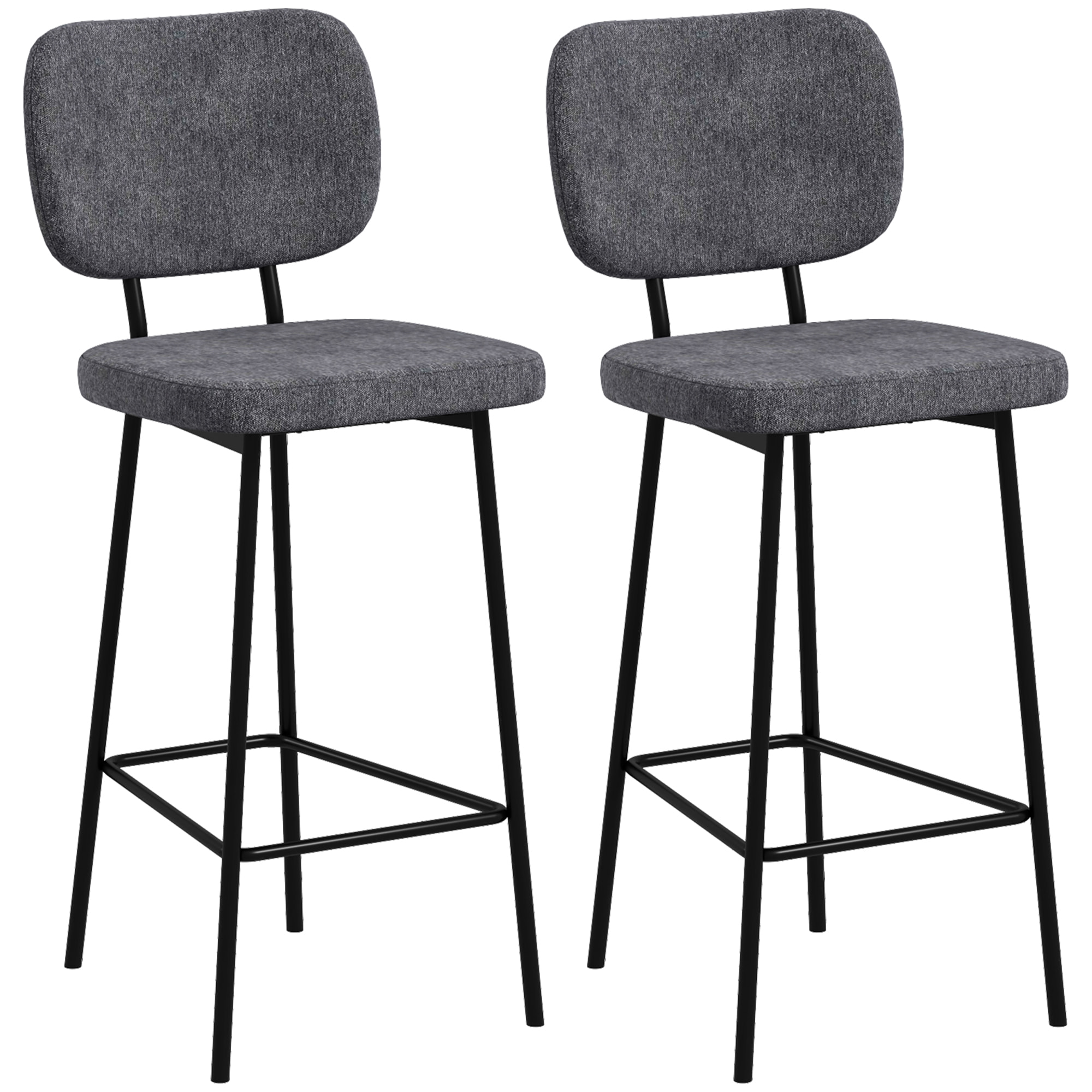 Lot de 2 tabourets de bar style néo-rétro piètement acier noir repose-pied intégré tissu gris