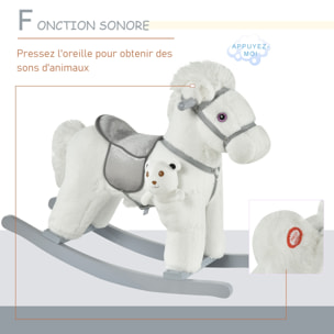 Cheval à bascule - effets sonores, peluche ourson inclus - poignées structure bois peuplier gris peluche courte douce blanc