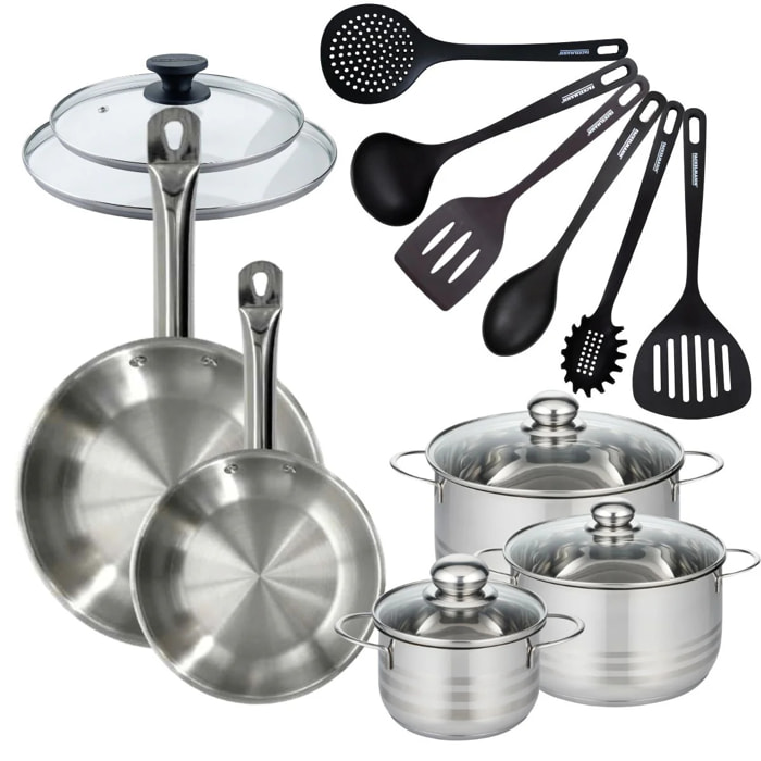 Set 2 poêles en inox, 2 couvercles verre, 3 faitouts inox et 6 ustensiles RPET Fackelmann Eterna