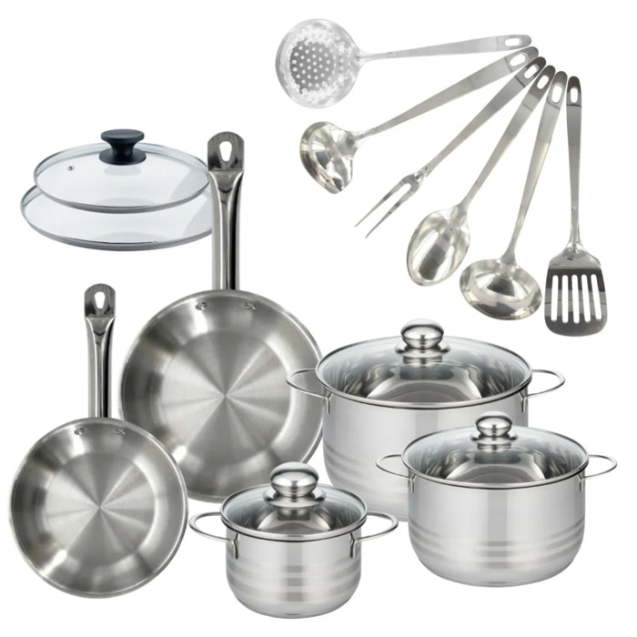 Set 2 poêles en inox et couvercles, 3 faitouts inox et 6 ustensiles inox Fackelmann Eterna