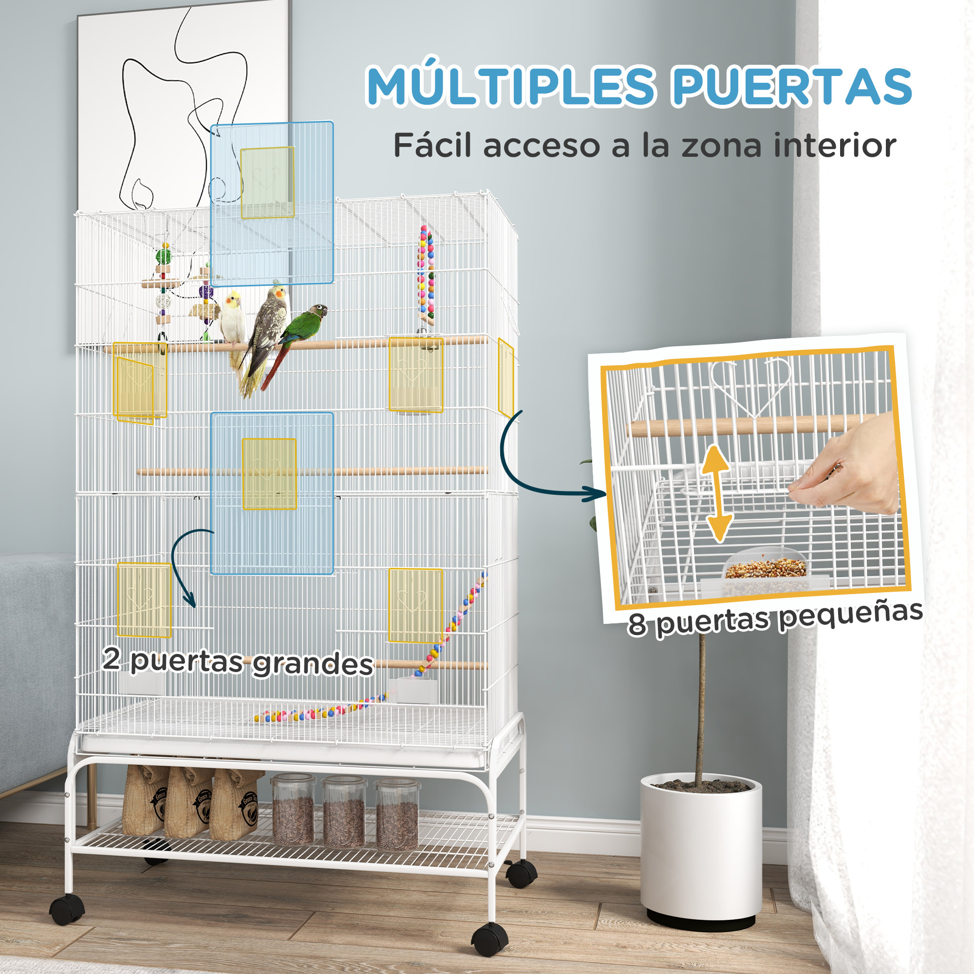 Jaula para Pájaros con Ruedas Jaula Grande con Soporte Pajarera con Bandeja Extraíble Puertas Comederos Perchas Juguetes y Estante Inferior para Canarios Periquitos 79x49x133 cm Blanco