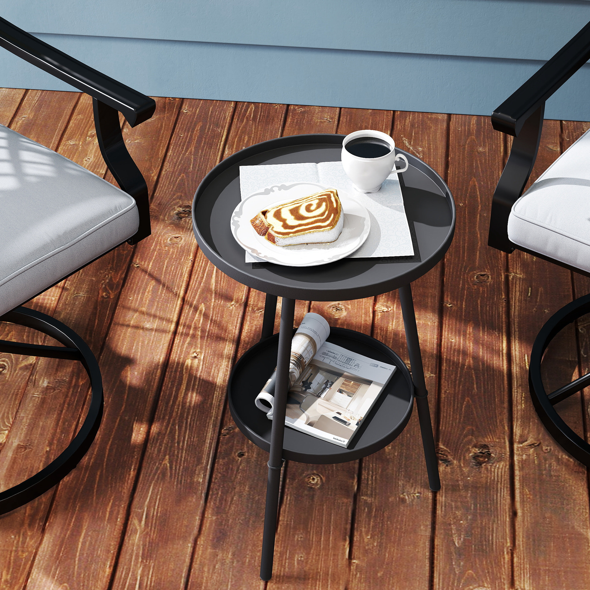 Mesa de Jardín Redonda de 2 Niveles Mesa de Terraza Exterior Ø32x51 cm con Bandeja Inferior y Estructura de Metal para Exterior e Interior Negro