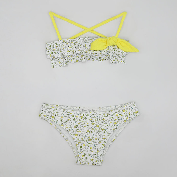 BIKINI FLORECITAS AMARILLAS CON TIRANTES Y LAZO AMARILLO