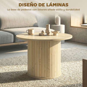 Mesa de Centro, Mesa baja para Salón Redonda con Base de Columna con Listones, para Sala de Estar, Dormitorio, Ø60x40 cm, Natural