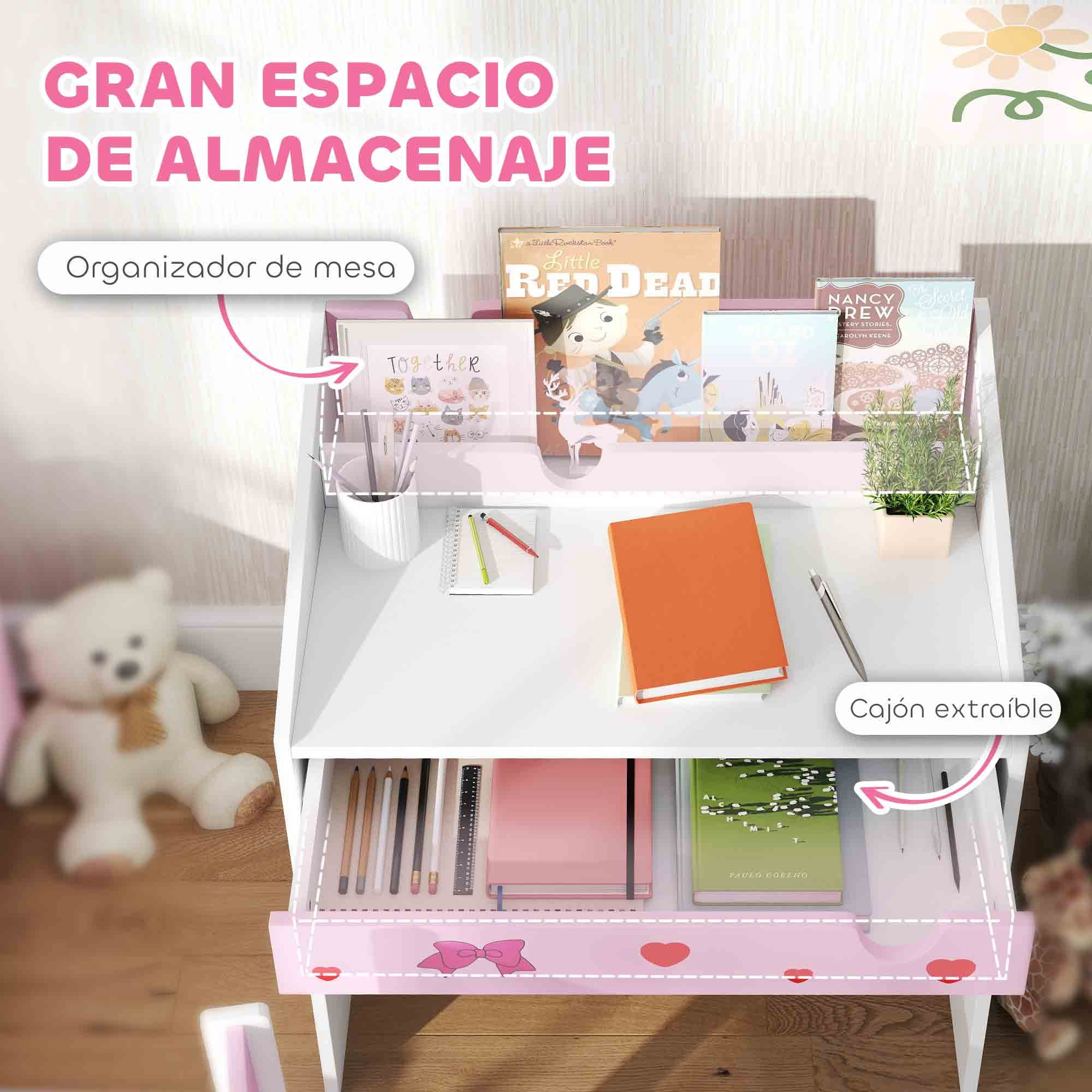 Juego de Escritorio y Silla para Niños de +3 Años Pupitre Infantil con Cajón Extraíble y Compartimento para Dormitorio Sala Estudio Rosa y Blanco