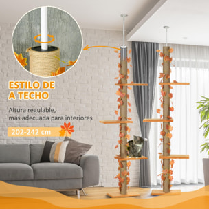 Pawhut Árbol para Gatos de Suelo a Techo de 202-242 cm Torre para Gatos con 3 Plataformas Postes Rascadores Altura Ajustable y Decoración de Hoja de Arce Naranja