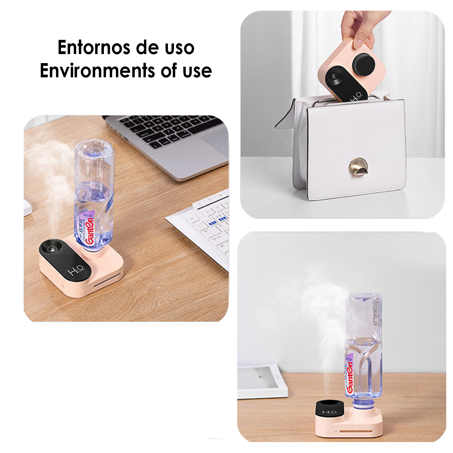Umidificatore universale con adattatore per bottiglie d'acqua. Batteria ricaricabile incorporata. Adattatore con tappo a vite di 30mm.