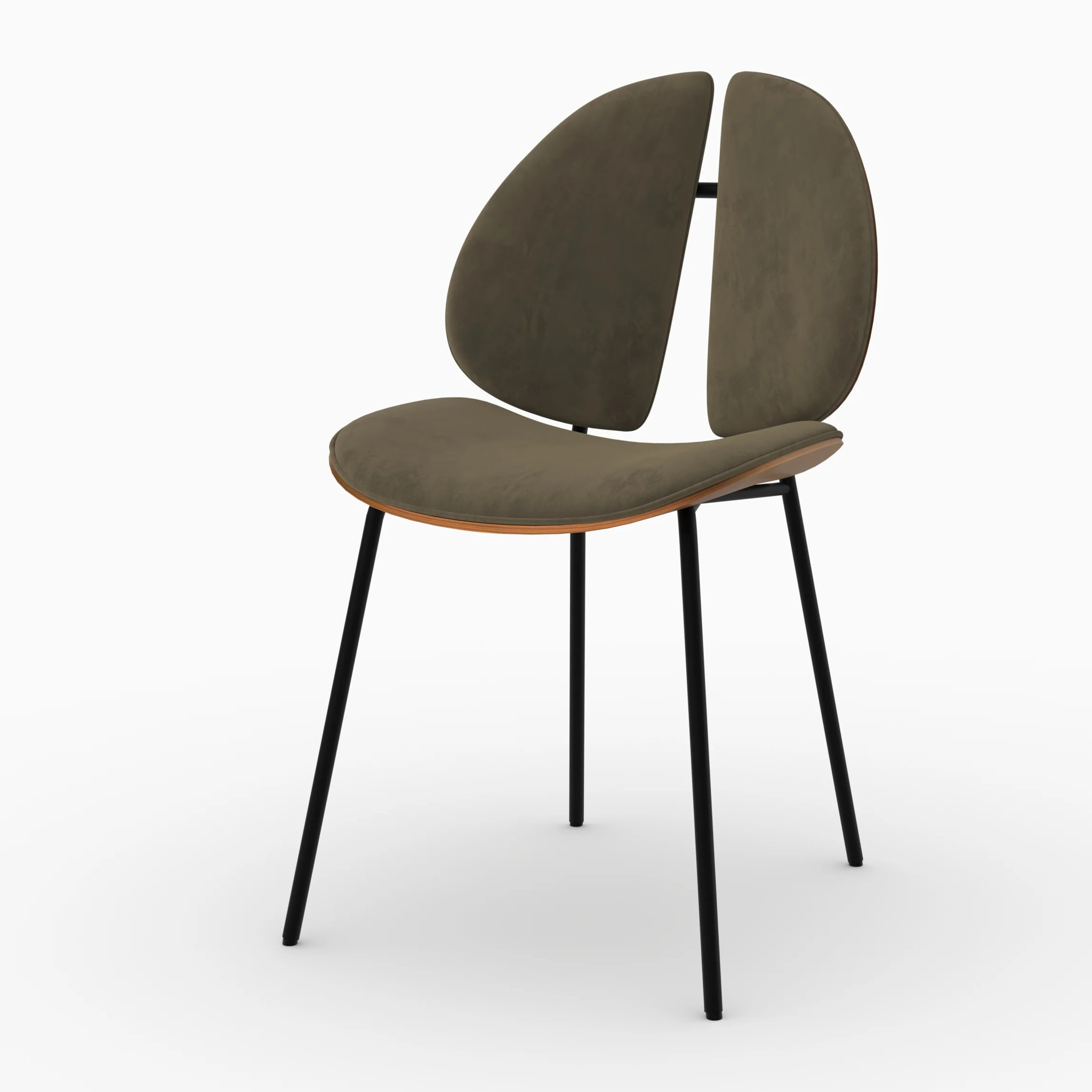 Chaise en velours kaki et bois de noyer - Coccinelle