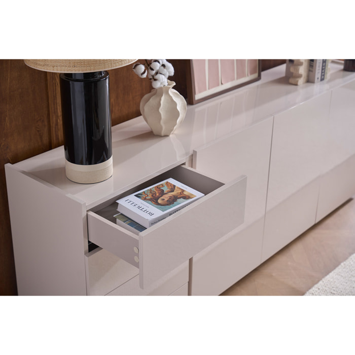 Buffet beige laqué brillant 3 portes 4 tiroirs L200 cm ISAURE