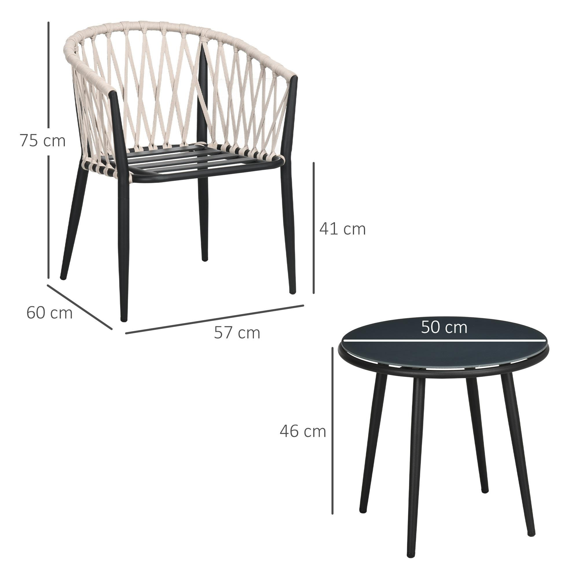 Conjunto de Muebles de Jardín 3 Piezas Juego de Muebles de Terraza Incluye Mesa con Encimera de Vidrio Templado y 2 Sillones con Cojines Reposabrazos de Cuerda Polipropileno Gris