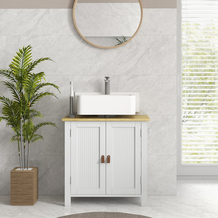 Meuble salle de bain sur pied - meuble sous-vasque - 2 portes, étagère - MDF panneaux aspect bois clair blanc